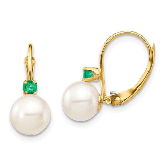 14k Yellow Gold White Pearl Emerald Leverback Earrings - 7-7.5 mm 14k Yellow Gold White Pearl Emerald Leverback Earrings - 7-7.5 mm