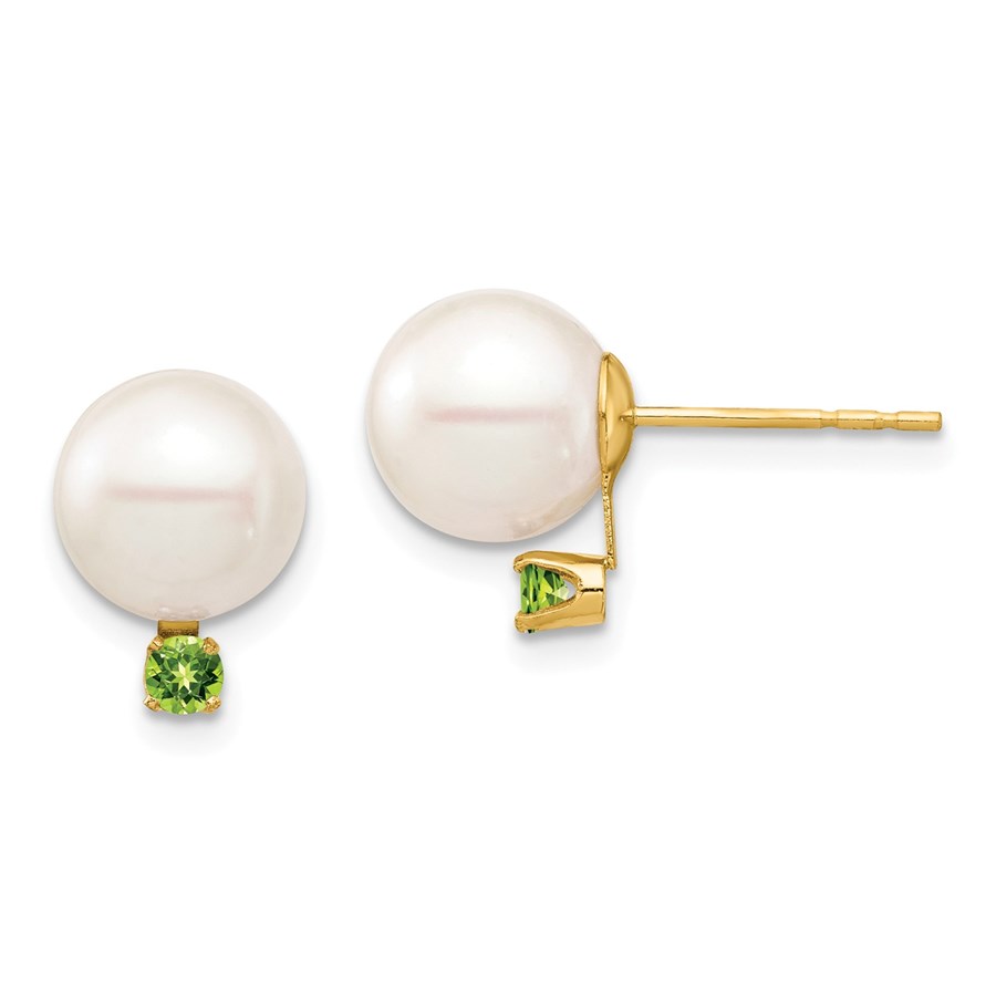 14k Yellow Gold White Pearl Peridot Post Earrings - 8-8.5 mm