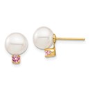 14k Yellow Gold White Pearl Pink Topaz Post Earrings - 7-7.5 mm