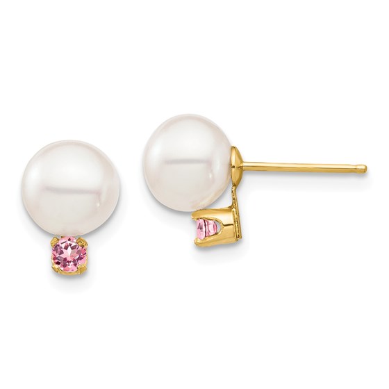 14k Yellow Gold White Pearl Pink Topaz Post Earrings - 7-7.5 mm