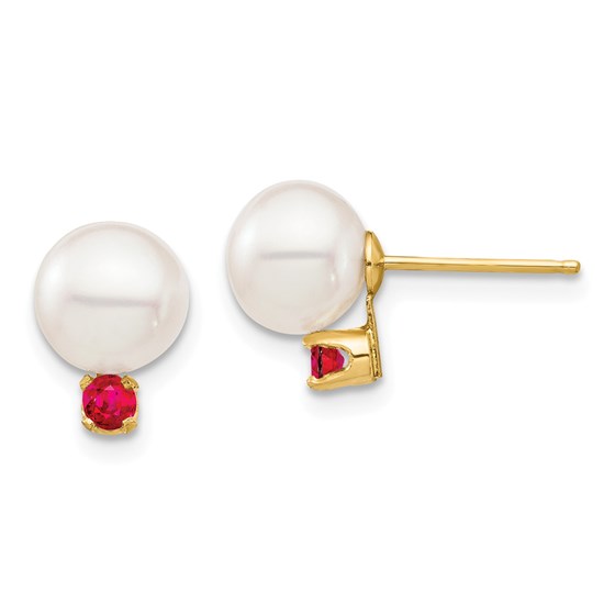 14k Yellow Gold White Pearl Ruby Post Earrings - 7-7.5 mm 14k Yellow Gold White Pearl Ruby Post Earrings - 7-7.5 mm