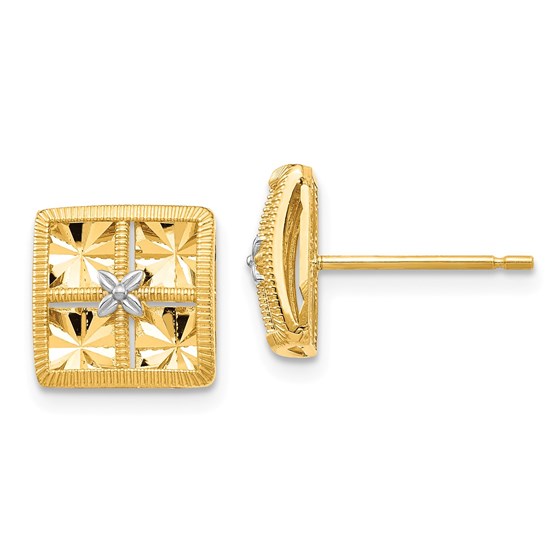 14k Yellow Gold White Rhodium Diamond-Cut Square Earrings 14k Yellow Gold White Rhodium Diamond-Cut Square Earrings