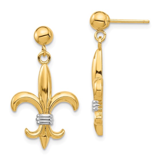 14k Yellow Gold White Rhodium Fleur De Lis Dangle Earrings 14k Yellow Gold White Rhodium Fleur De Lis Dangle Earrings