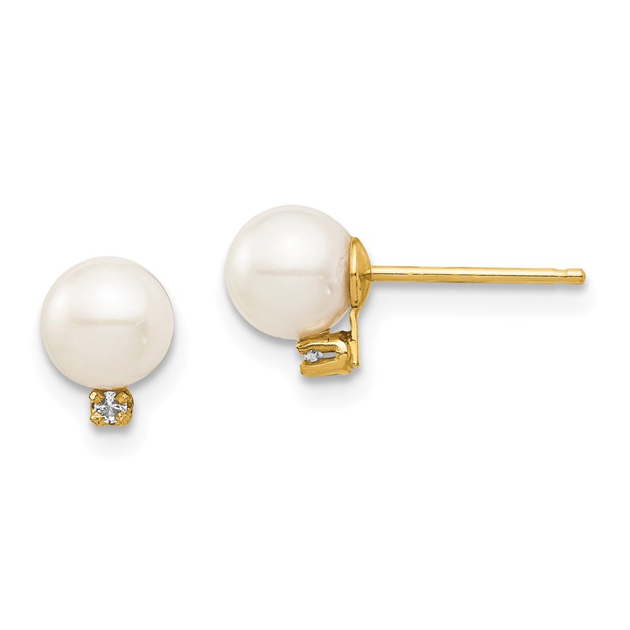 14k Yellow Gold White Round Pearl .02 ct Diamond Post Earrings