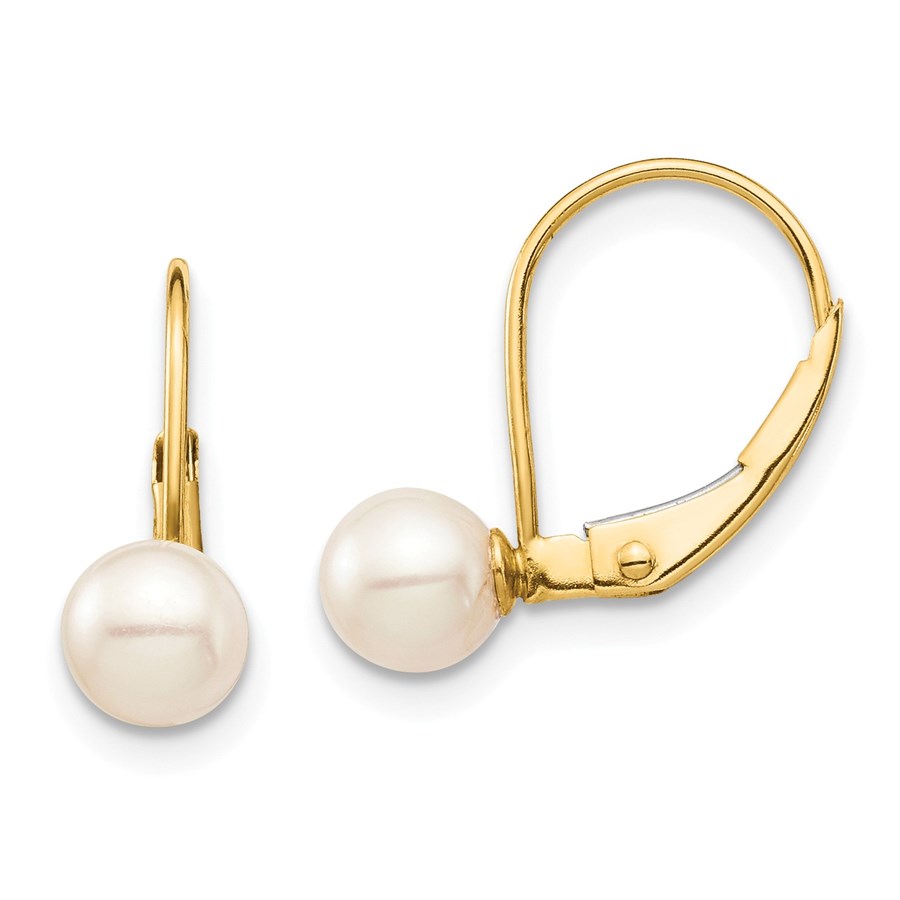 14k Yellow Gold White Round Pearl Leverback Earrings - 5-6 mm