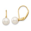 14k Yellow Gold White Round Pearl Leverback Earrings - 6-7 mm