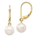 14k Yellow Gold White Round Pearl Leverback Earrings - 7-8 mm