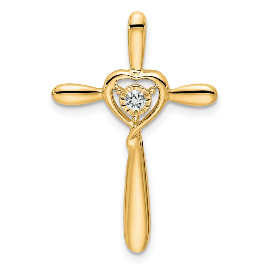 14K Yellow Gold White Topaz Cross w/Heart Chain Slide - 26.8 mm