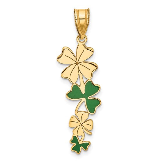 14K Yellow Gold with Green Enameled Clovers Pendant - 37.7 mm 14K Yellow Gold with Green Enameled Clovers Pendant - 37.7 mm