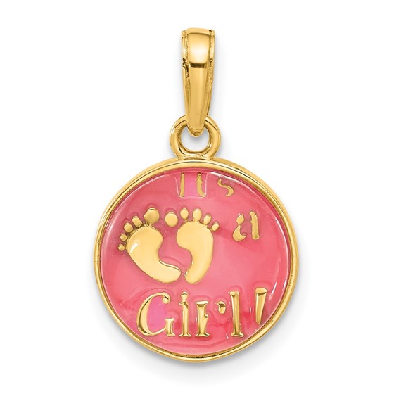 14K Yellow Gold with Pink Enamel It's A Girl Pendant - 21 mm