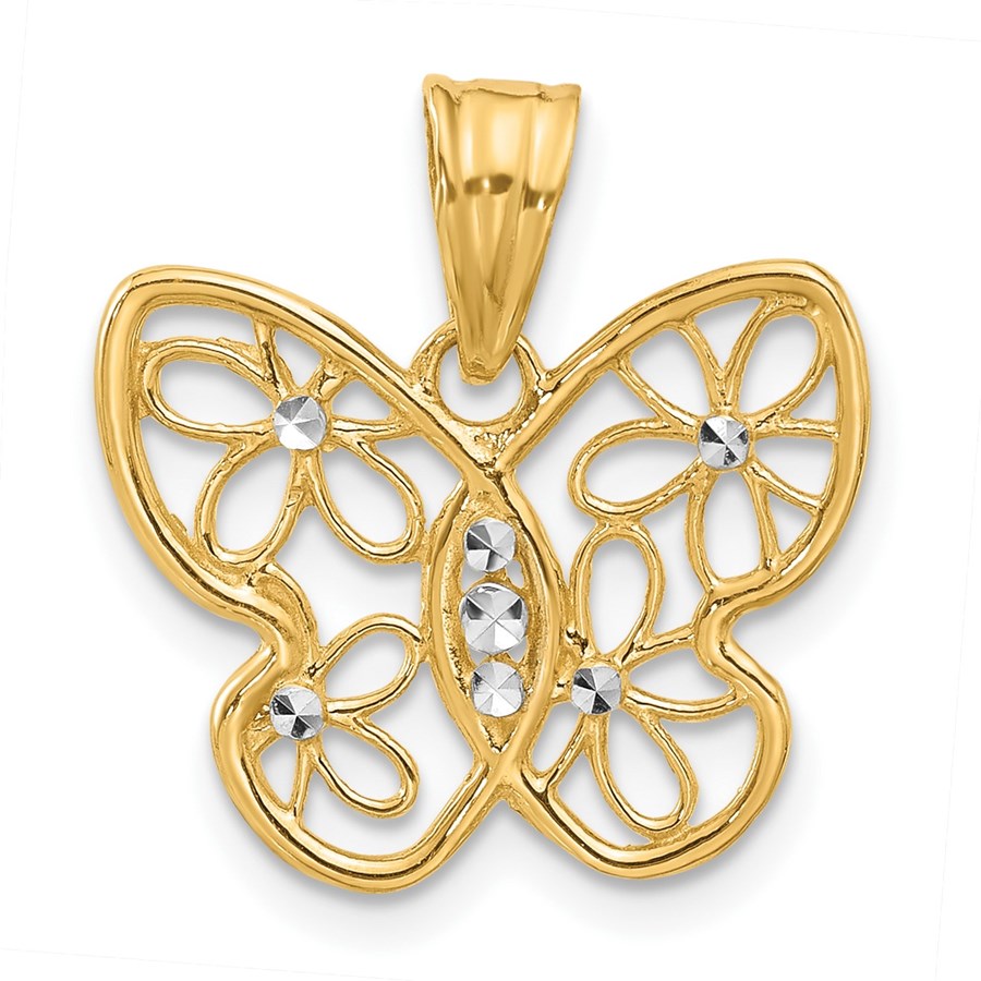 14K Yellow & Rhodium and D/C Flower Butterfly Pendant - 19.5 mm