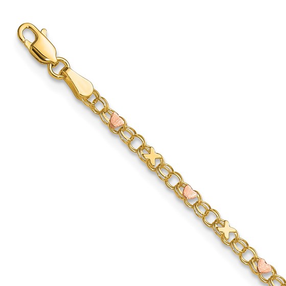 14K Yellow & Rhodium and Rose Hearts Child's Bracelet - 5.5 in.