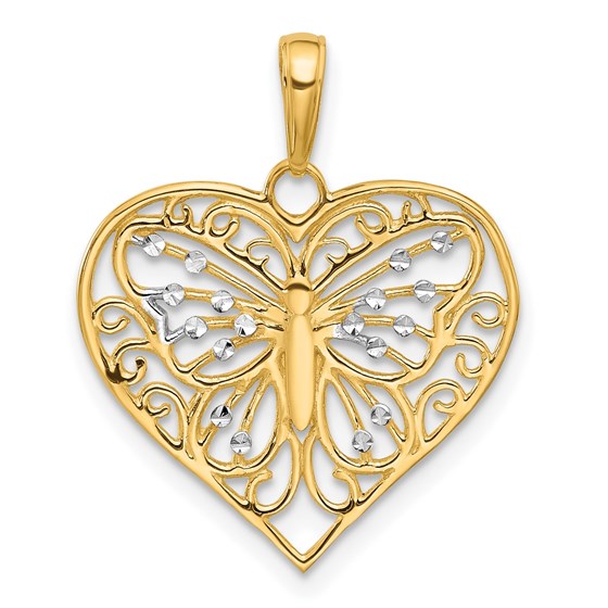 14K Yellow & Rhodium D/C Butterfly Heart Pendant - 25.3 mm