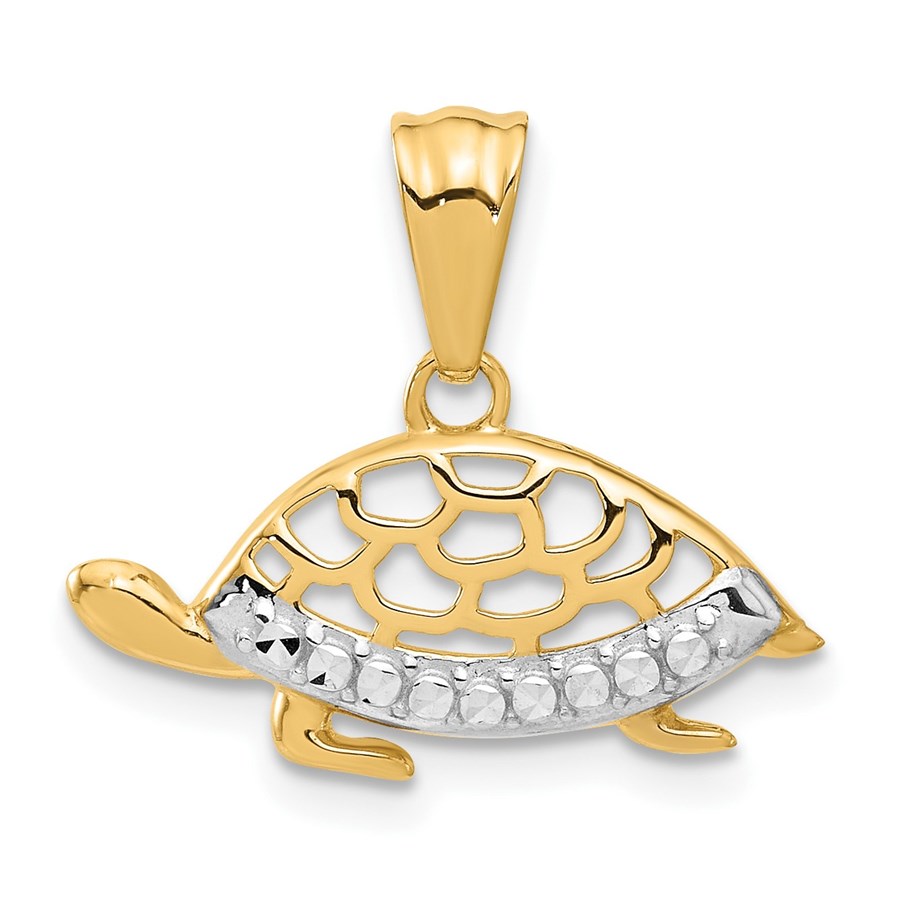 14K Yellow & Rhodium Diamond Cut Turtle Pendant - 18 mm