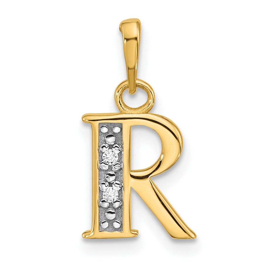 14K Yellow & Rhodium Diamond Letter R Initial Pendant - 17.7 mm