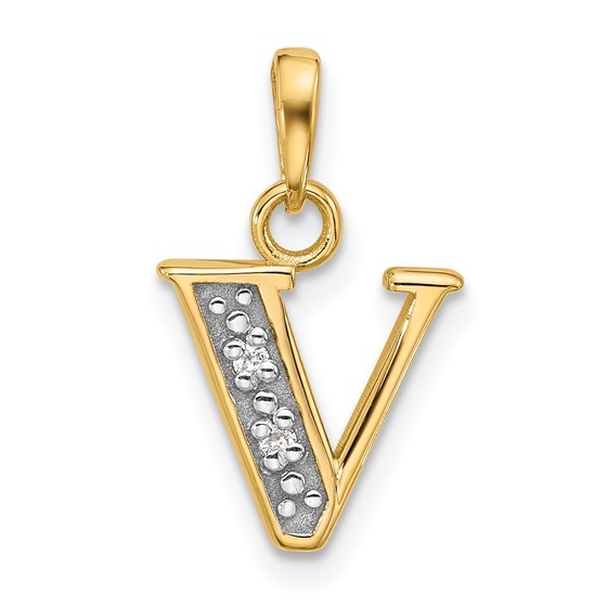 14K Yellow & Rhodium Diamond Letter V Initial Pendant - 18 mm