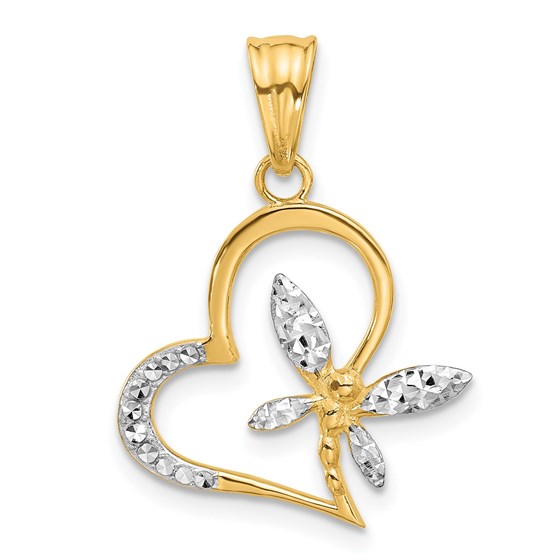14K Yellow & Rhodium Dragonfly on Heart Pendant - 26 mm 14K Yellow & Rhodium Dragonfly on Heart Pendant - 26 mm
