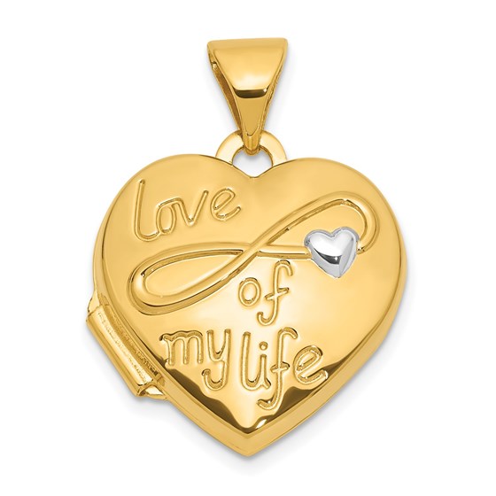 14K Yellow & Rhodium LOVE OF MY LIFE 15mm Heart Locket - 21 mm 14K Yellow & Rhodium LOVE OF MY LIFE 15mm Heart Locket - 21 mm