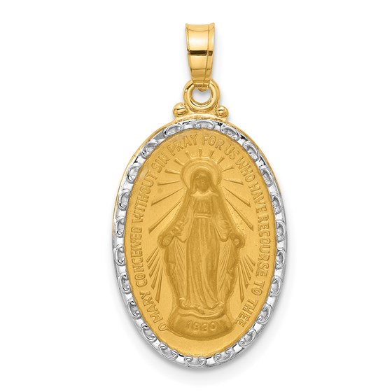 14K Yellow & Rhodium Miraculous Medal Solid Oval Pendant - 27 mm