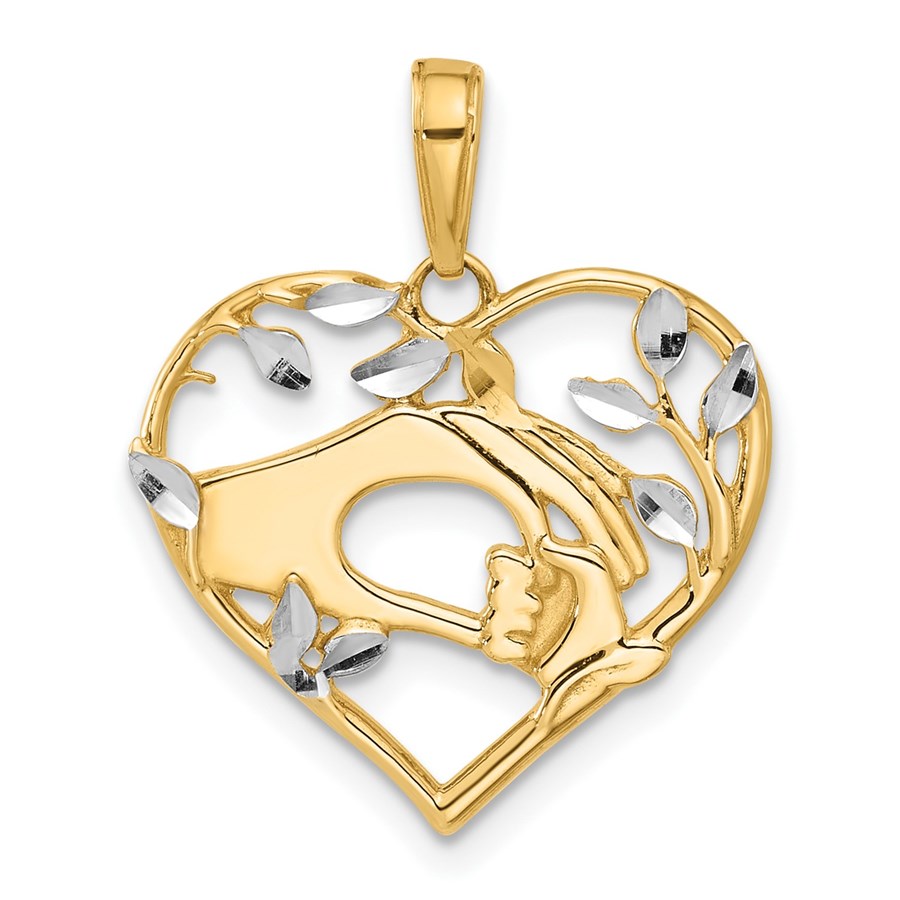 14K Yellow & Rhodium Mother Child Hands Heart Pendant 24.3 mm