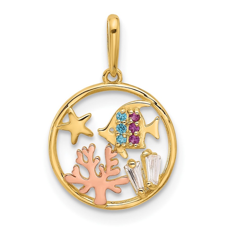 14K Yellow & Rhodium Multicolor CZ Sea Life Pendant - 18.4 mm