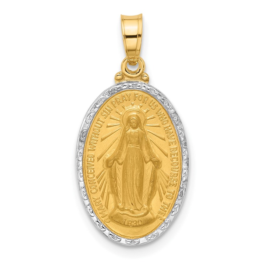 14K Yellow & Rhodium Satin Medal Solid Oval Pendant - 24.9 mm