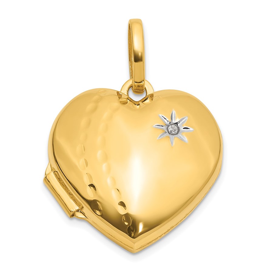 14K Yellow & Rhodium Textured Diamond 18mm Heart Locket - 25 mm