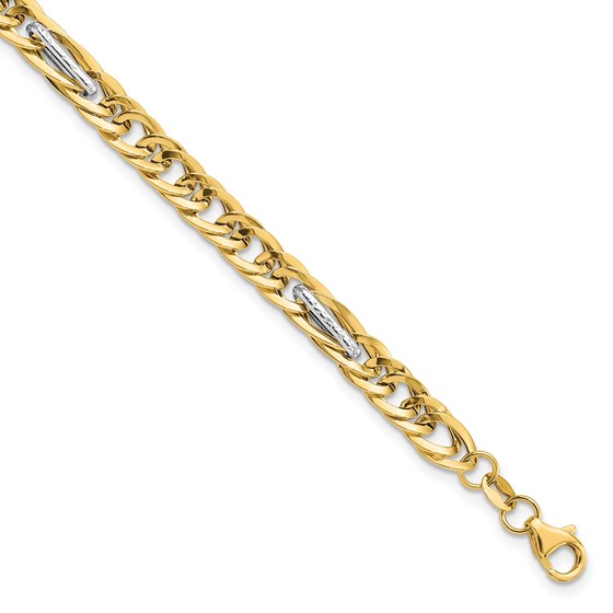 14K Yellow & Rhodium Textured Fancy Link Bracelet - 7.5 in.