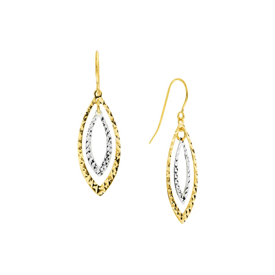 14K Yellow-White Gold Dangle D/C Dbl Marquise Shape Earrings