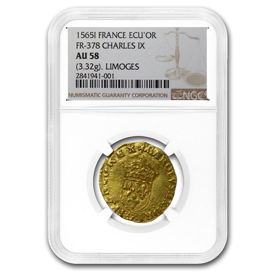 1565 Kingdom of France AV Ecu d'or Charles IX AU-58 NGC 1565 Kingdom of France AV Ecu d'or Charles IX AU-58 NGC