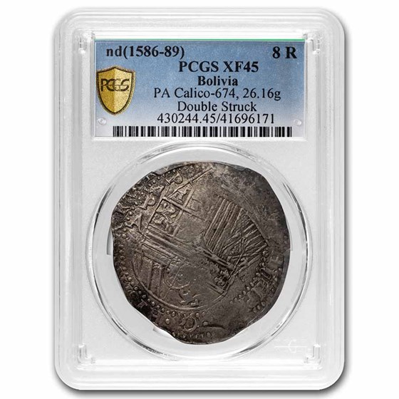 1586-89 Bolivia Silver 8 Reales Cob XF-45 PCGS (Double Struck) 1586-89 Bolivia Silver 8 Reales Cob XF-45 PCGS (Double Struck)