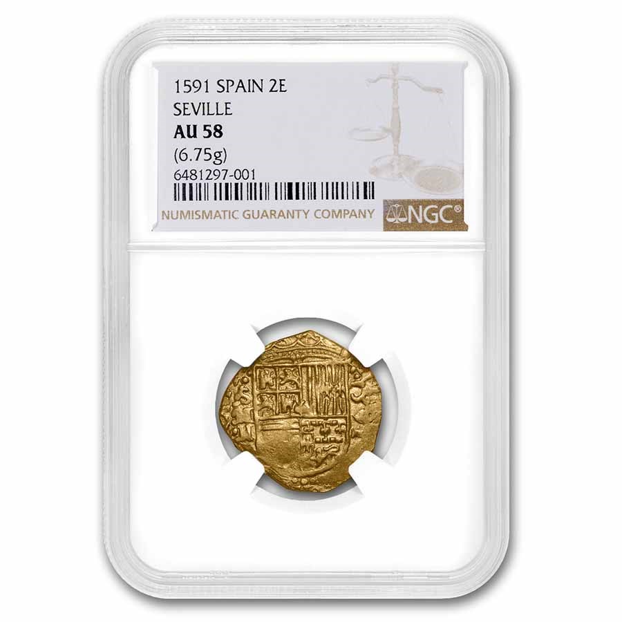 1591 Spain Gold 2 Escudos Philip II AU-58 NGC