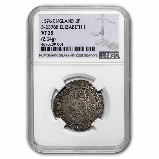1596 Kingdom of England Silver Sixpence Elizabeth I VF-25 NGC 1596 Kingdom of England Silver Sixpence Elizabeth I VF-25 NGC