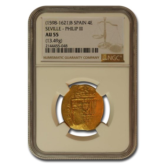(1598-1621) Spain Gold 4 Escudos Philip III AU-55 NGC (1598-1621) Spain Gold 4 Escudos Philip III AU-55 NGC