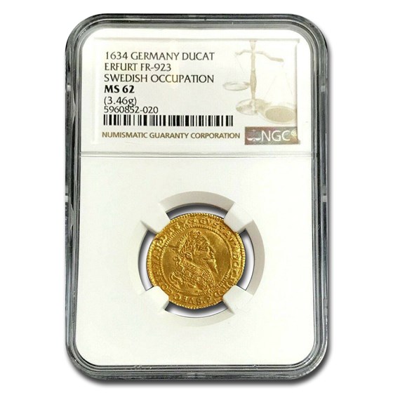 1634 Germany Erfurt Gold Ducat Adolphus MS-62 NGC 1634 Germany Erfurt Gold Ducat Adolphus MS-62 NGC