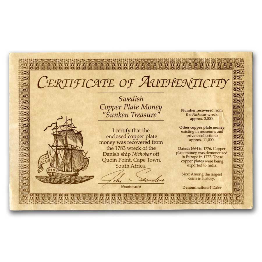 Buy 1644-1768 Sweden Copper 4 Daler Plate Money Nicobar Shipwreck