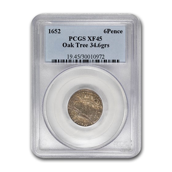 1652 Oak Tree 6 Pence XF-45 PCGS (34.6 grains) 1652 Oak Tree 6 Pence XF-45 PCGS (34.6 grains)