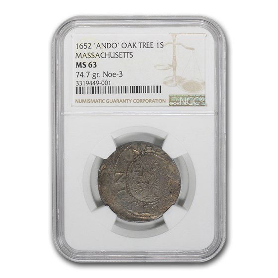 1652 Oak Tree Shilling ANDO Variety MS-63 NGC Noe-3 1652 Oak Tree Shilling ANDO Variety MS-63 NGC Noe-3