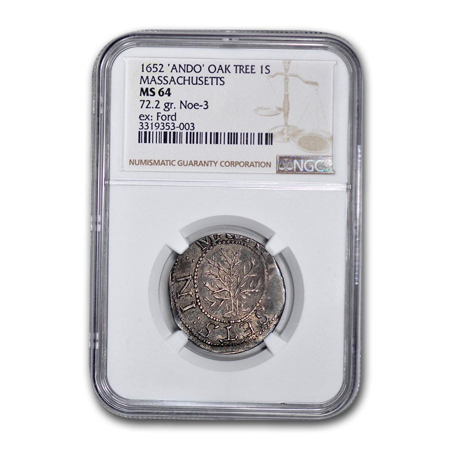 1652 Oak Tree Shilling MS-64 NGC (ANDO Variety)