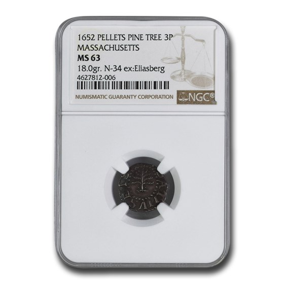 1652 Pine Tree 3 Pence MS-63 NGC Ex: Eliasberg 1652 Pine Tree 3 Pence MS-63 NGC Ex: Eliasberg