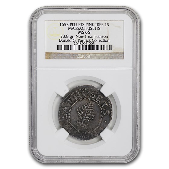 1652 Pine Tree Shilling Massachusetts MS-65 NGC (Pellets) 1652 Pine Tree Shilling Massachusetts MS-65 NGC (Pellets)