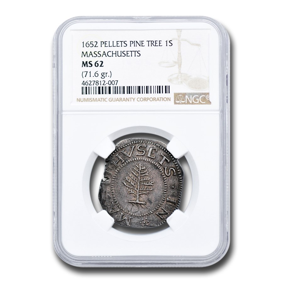 1652 Pine Tree Shilling MS-62 NGC (Large PIanchet) Pellets