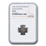 1652 Pine Tree Threepence MS-62 NGC (No PELS (16.6 grains))