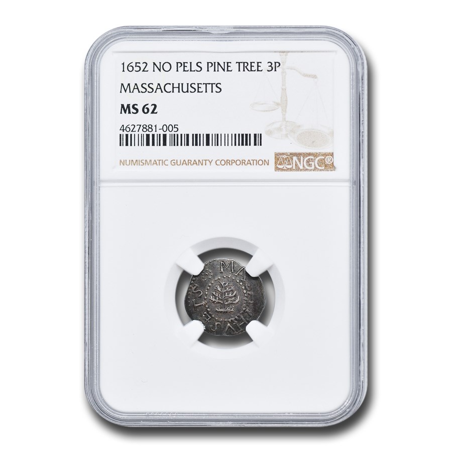1652 Pine Tree Threepence MS-62 NGC (No PELS (16.6 grains))