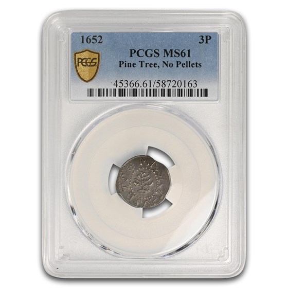 1652 Pine Tree Threepence No Pellets MS-61 PCGS