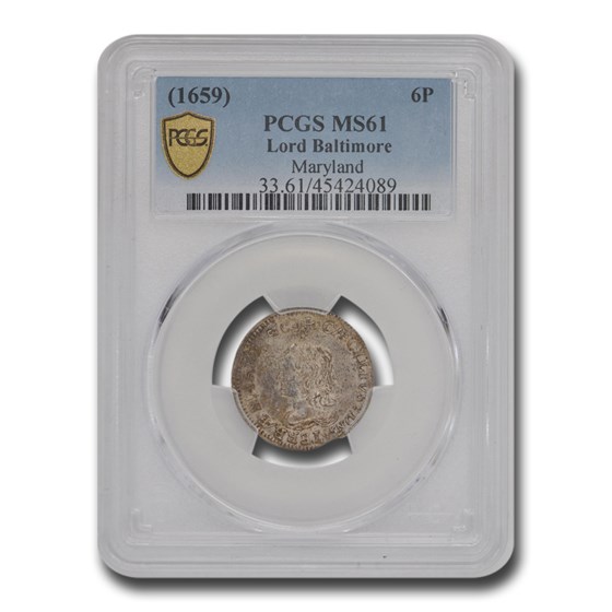 (1659) 6 Pence Maryland Lord Baltimore MS-61 PCGS (1659) 6 Pence Maryland Lord Baltimore MS-61 PCGS