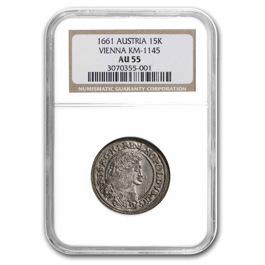 1661 Austria Silver 15 Kreuzer Leopold the Hogsmouth AU-55 NGC