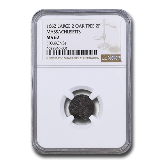 1662 Massachusetts Oak Tree 2 Pence MS-62 NGC (Large 2 10.9 GNS) 1662 Massachusetts Oak Tree 2 Pence MS-62 NGC (Large 2 10.9 GNS)