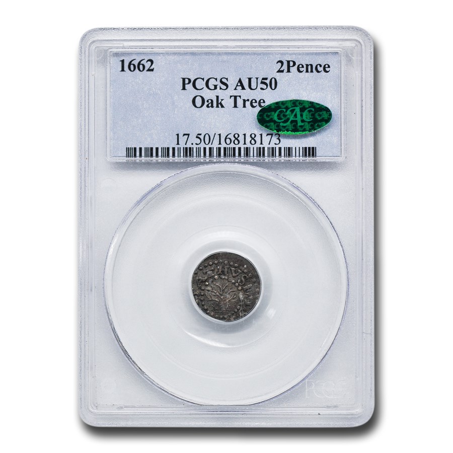 1662 Oak Tree Twopence AU-50 PCGS CAC