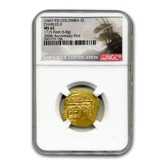 (1667-1693) Colombia Gold 2 Escudos Charles II Type MS-62 NGC (1667-1693) Colombia Gold 2 Escudos Charles II Type MS-62 NGC